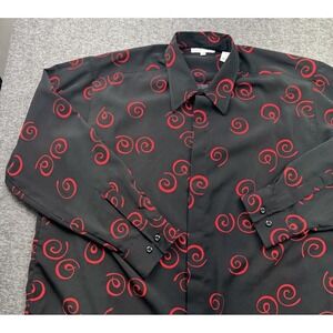 Genelli Shirt Men's XL Black Red All Over Print Long Sleeve Rayon Geometric